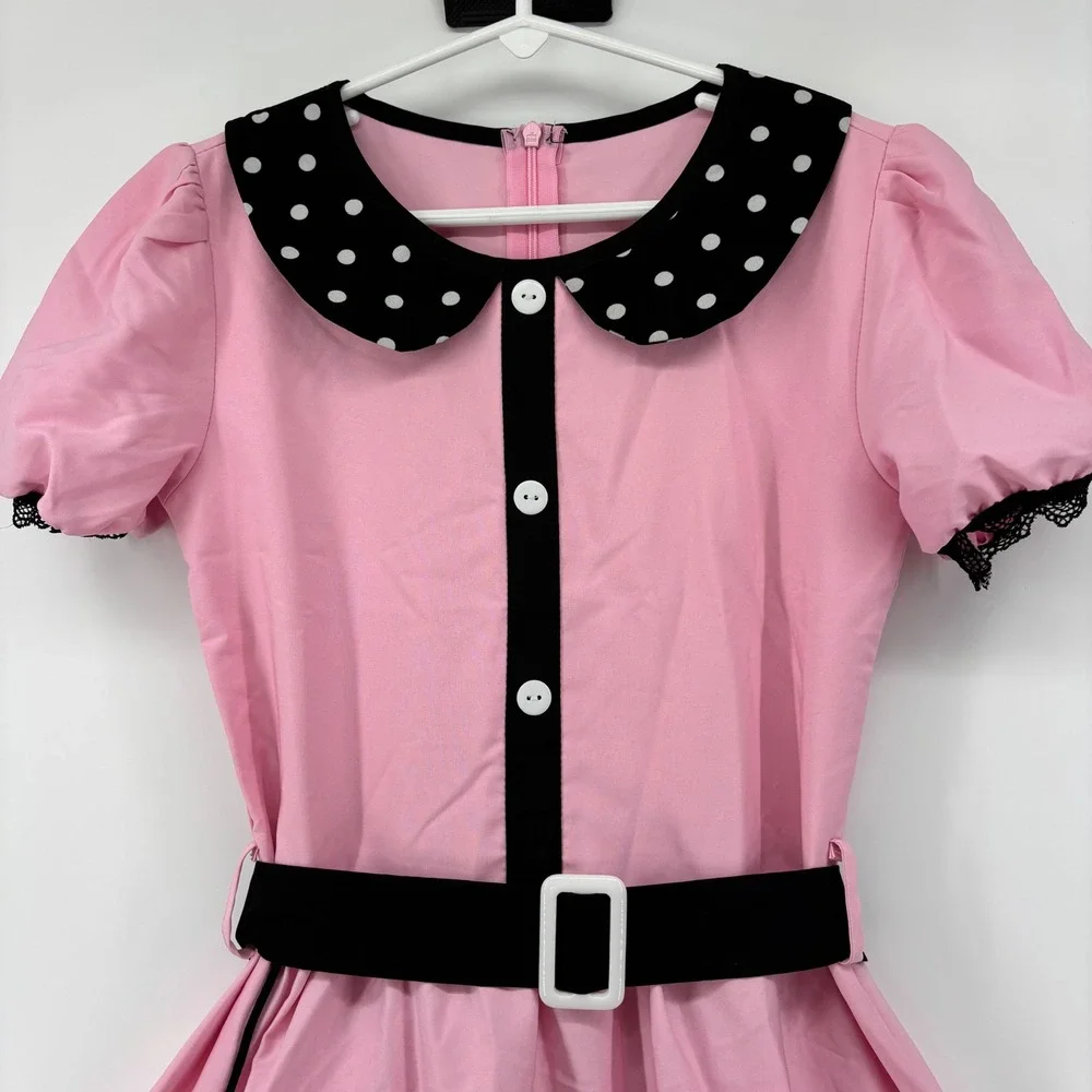 Kids Pink 1950s Poodle Dress Retro Sock Hop Costume Polka Dot Belted Size Large